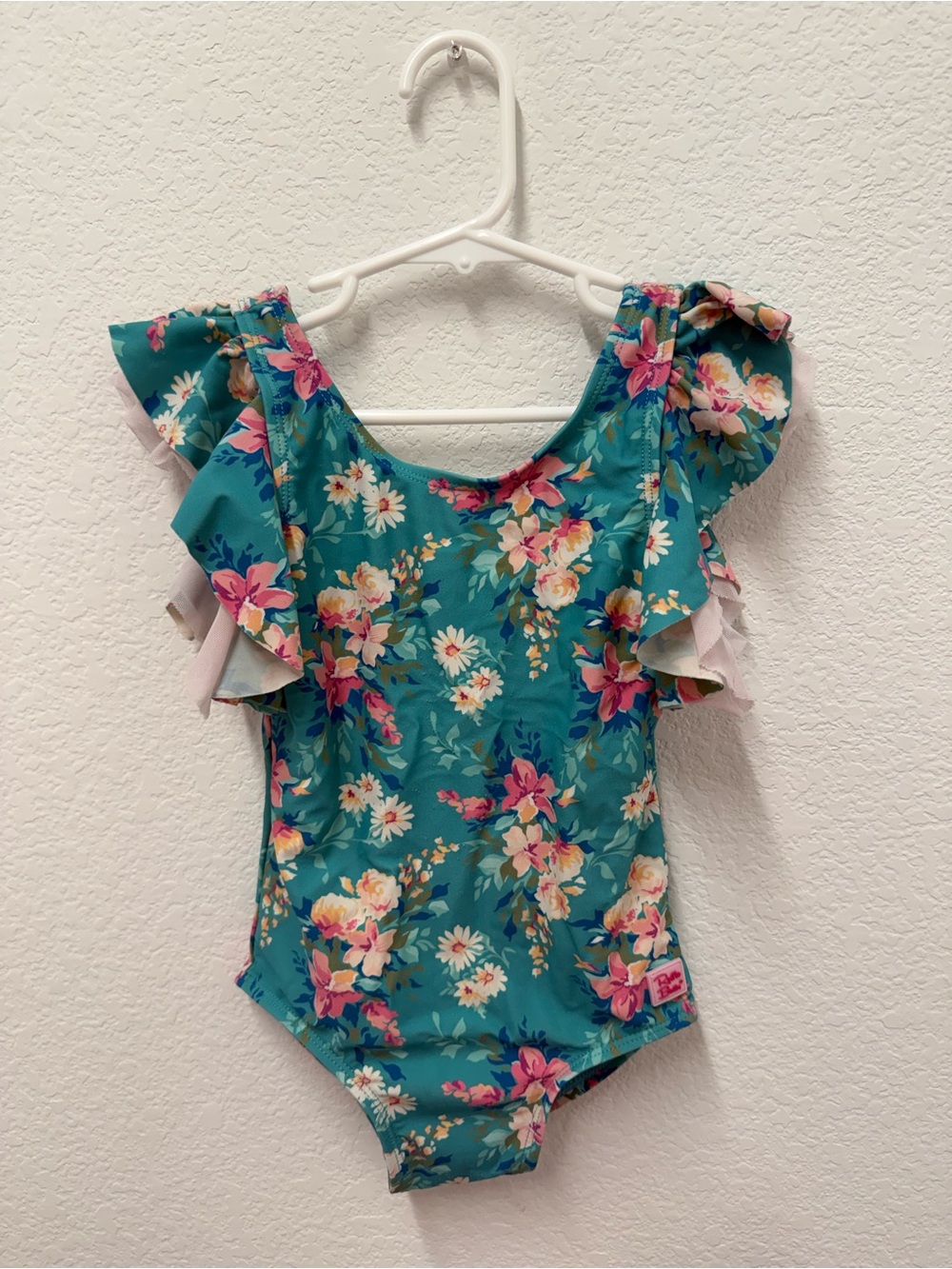 Ruffle Butts Teal Floral One-Piece Swimsuit with Pink and Yellow Flowers